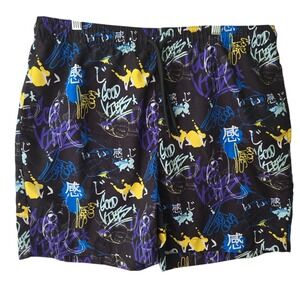 WXYZ MFG CO Mens Black Graffiti Anime Print Swim Trunks Mesh Lined Medium